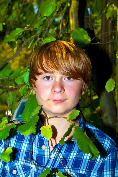 Portret van schattige jongen in bladeren — Stockfoto