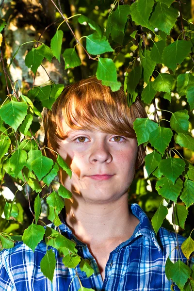 葉でかわいい男の子の肖像画 — ストック写真