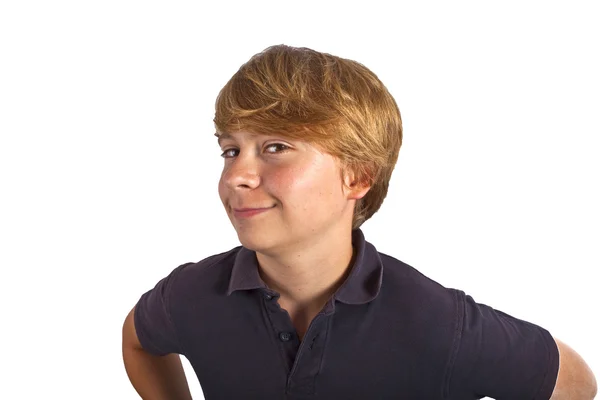 Chytrý chlapec usmívá na bílém pozadí — Stock fotografie