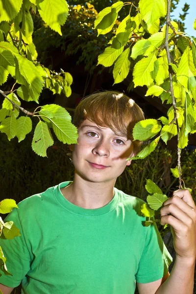 나무 아래 정원에 있는 영리 한 소년 — 스톡 사진