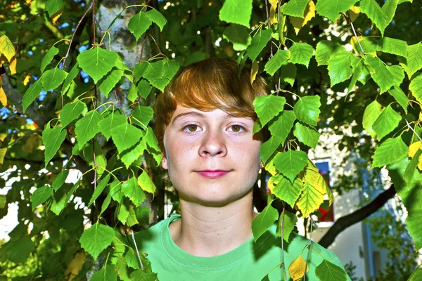 Roztomilý chytrý chlapec v zahradě pod stromem — Stock fotografie