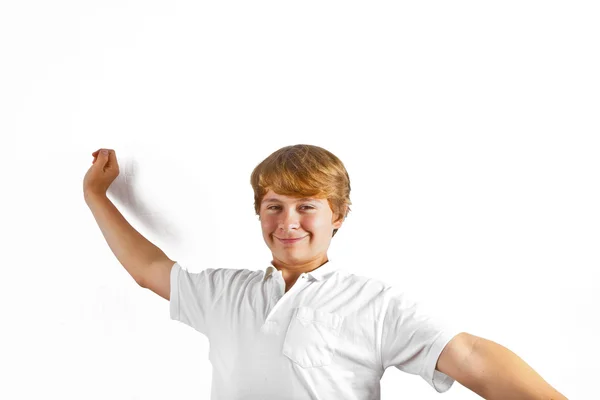 Porträtt av söt pojke med vit skjorta i studio — Stockfoto