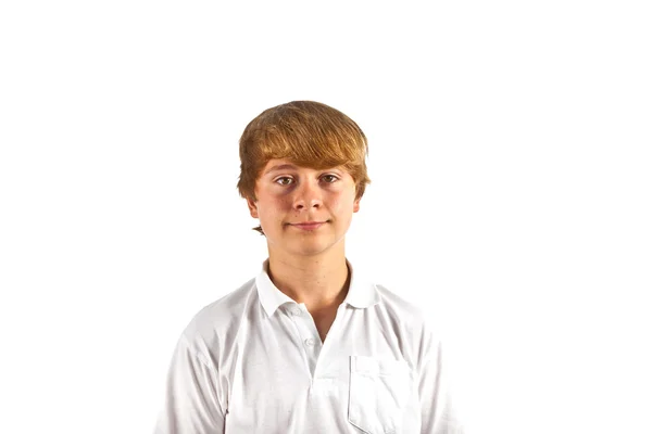 Πορτρέτο του χαριτωμένο αγόρι με λευκό πουκάμισο στο στούντιο — Φωτογραφία Αρχείου