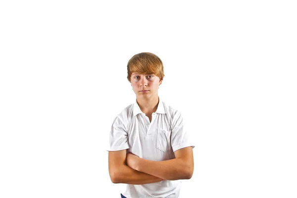 Porträtt av söt pojke med vit skjorta i studio — Stockfoto