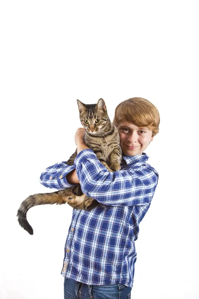 灰色の猫の手を保持している少年 — ストック写真