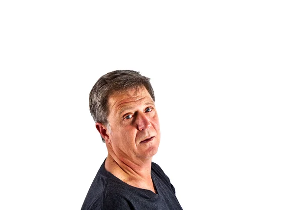 Homem sorridente atraente com camisa preta no Estúdio isolado no wh — Fotografia de Stock
