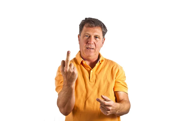 Homem inteligente no estúdio adverte com o dedo — Fotografia de Stock