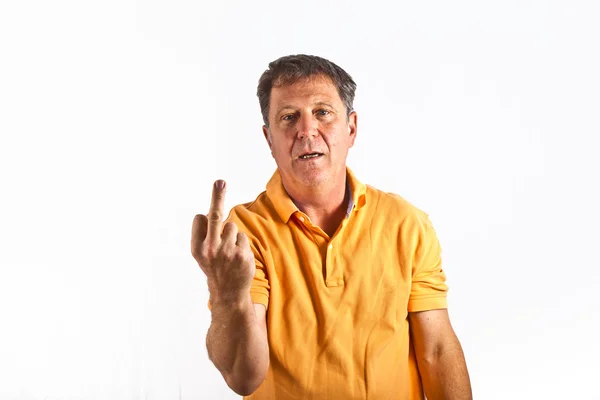 Homem inteligente no estúdio adverte com o dedo — Fotografia de Stock