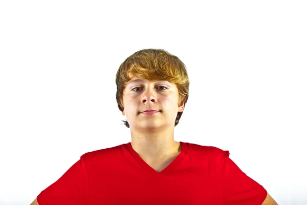 Smart boy with red shirt jumping in the air — Stock Photo, Image