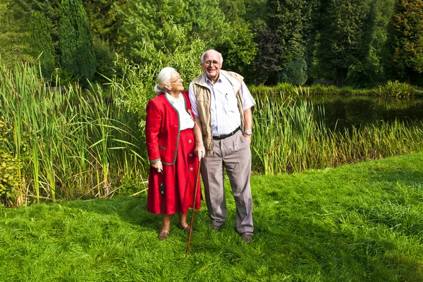Пожилая пара, стоящая рука об руку в своем саду — стоковое фото
