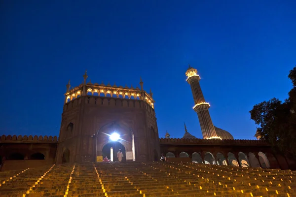 JAMA masjid moskén av natten, gamla delhi, Indien. — Stockfoto