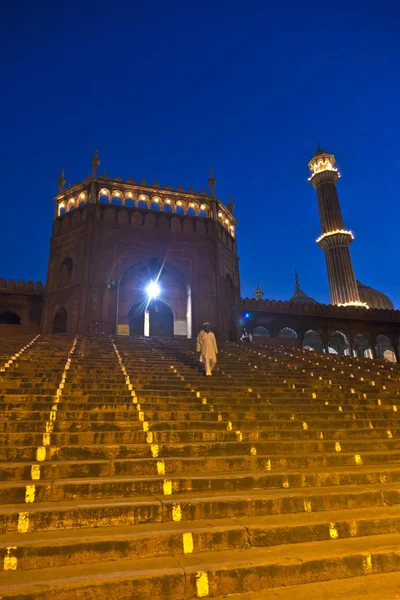 Mezquita de Jama Masjid por la noche, vieja Delhi, India . — Foto de Stock