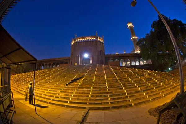 Jama masjid mešita v noci, staré Dillí, Indie. — Stock fotografie
