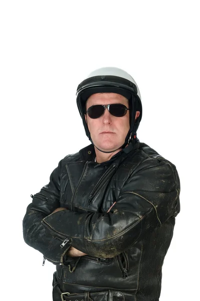 Mann trägt Lederjacke und Fahrradhelm — Stockfoto