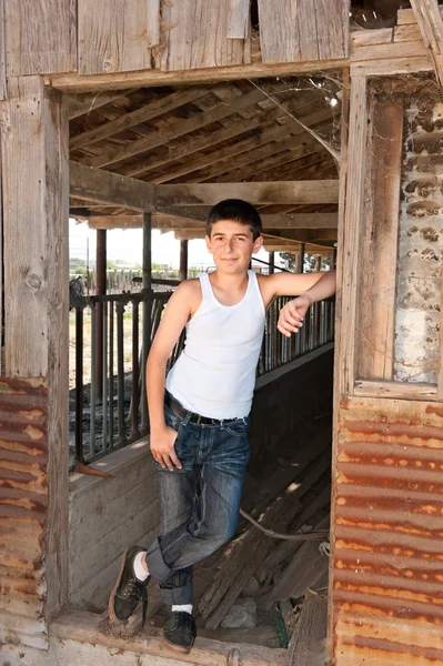 Niño de pie en el viejo granero —  Fotos de Stock