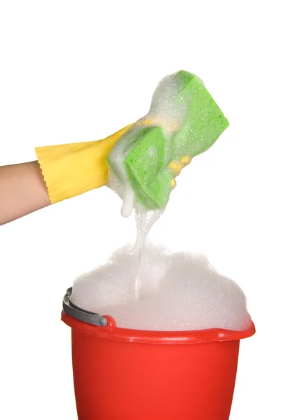 Sponge, bucket and soapy water — Stock Photo, Image