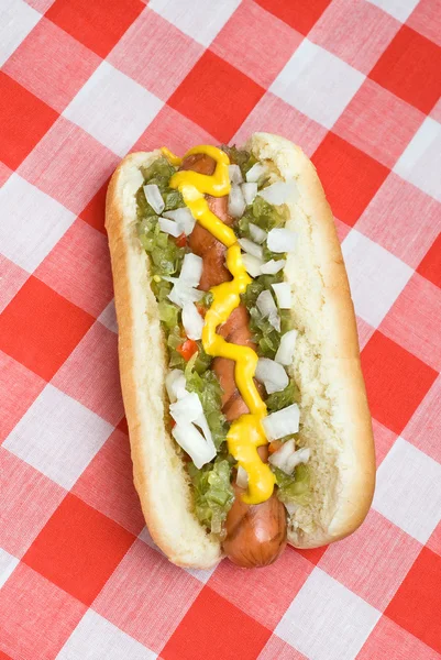 Hotdog on picnic table — 图库照片