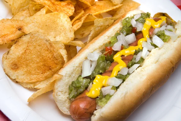 Hotdog en aardappels, chips — Stockfoto