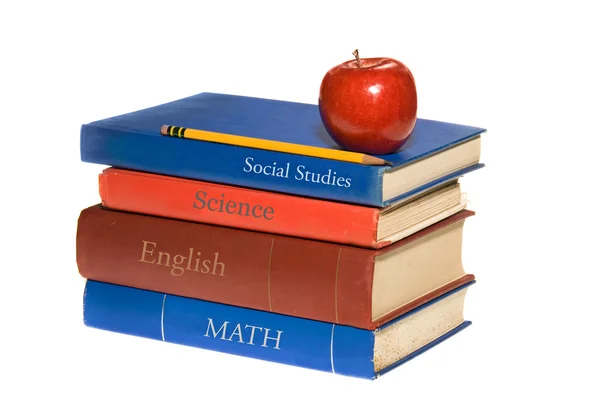 Podręczniki szkolne i jabłko — Zdjęcie stockowe