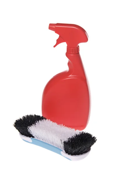Spray bottle of cleaner with brush — Stock Photo, Image