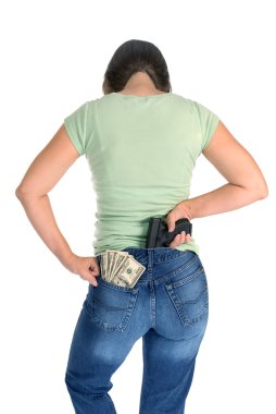 Woman with gun and cash clipart