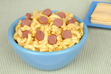 Macaroni and cheese with sliced hotdogs clipart