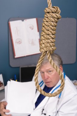 Doctor, noose and pile of paperwork clipart