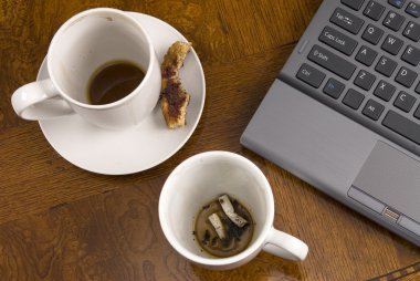 Coffee mugs and stress with laptop clipart