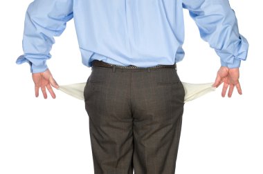 Businessman holding out empty pockets clipart