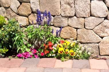 Flower garden along stone wall clipart