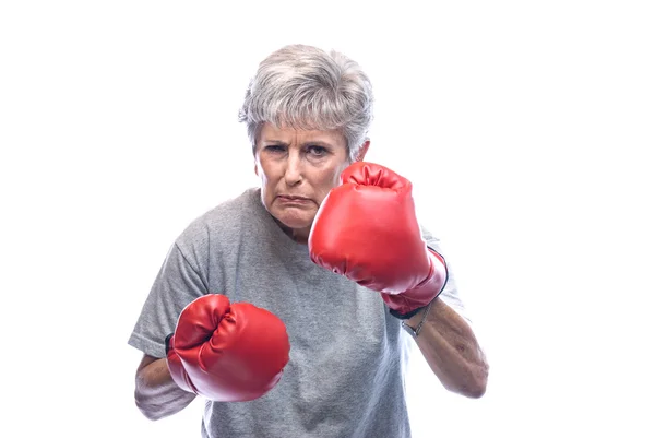 Nagymama a boksz-kesztyűket — Stock Fotó
