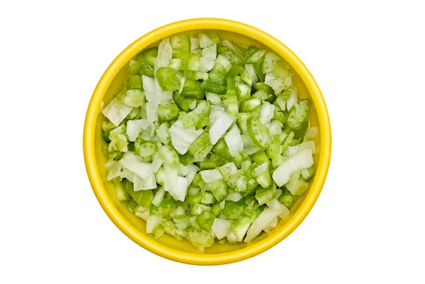 Bowl of diced onions and bell peppers — Stock Photo, Image