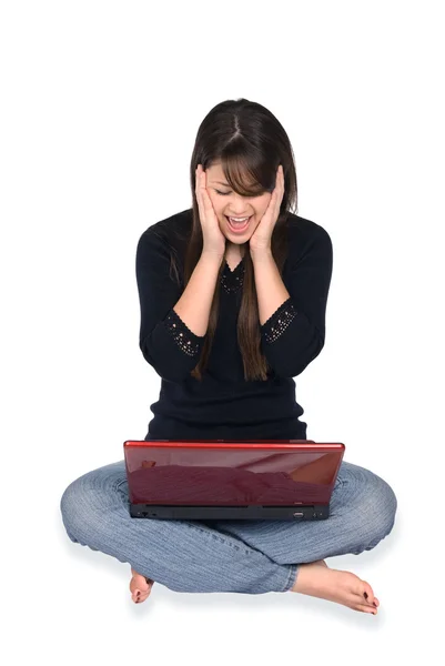 stock image A woman with laptop on white background