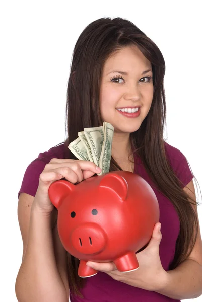 Een vrouw en haar piggy bank — Stockfoto