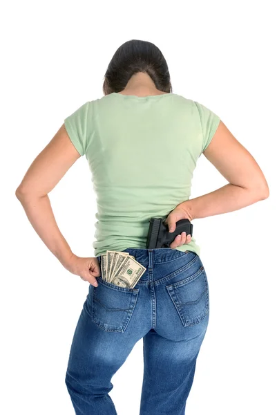 Woman with gun and cash — Stock Photo, Image
