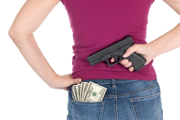 Készpénz, a nő és a pisztoly — Stock Fotó
