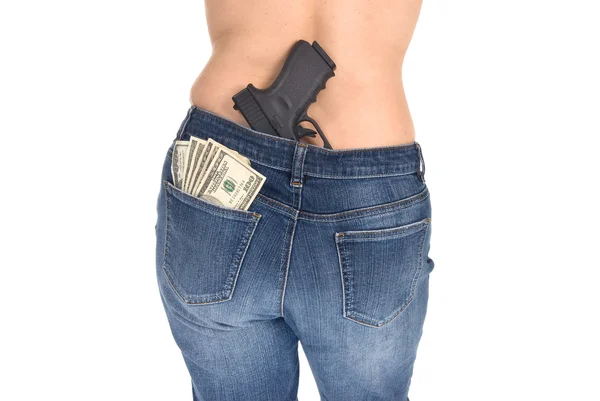 現金、女性と銃 — ストック写真