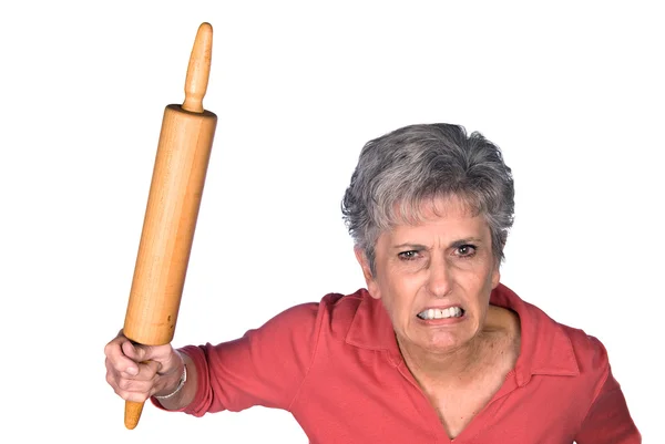 Angry mother and rolling pin — Stock Photo, Image