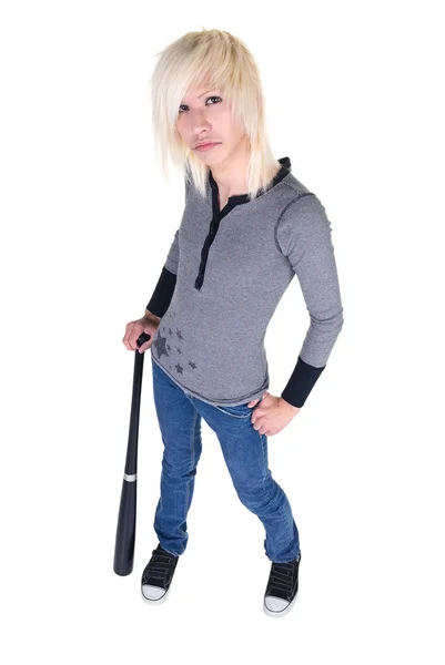Adolescente posando com bastão de beisebol — Fotografia de Stock