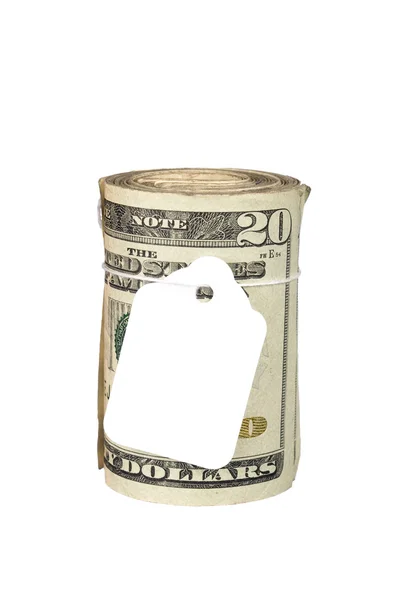 Roll of money with blank price tag — Stock Photo, Image