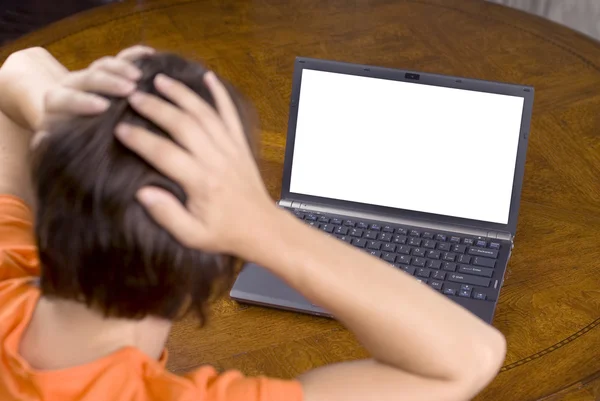 Zaskoczony kobieta i laptop bezpieczeństwa — Zdjęcie stockowe