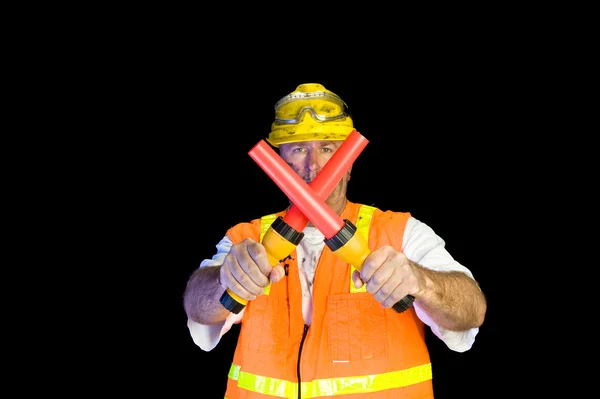 Construction worker with communication flashlights — Stock Photo, Image