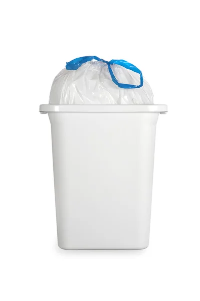 Cubo de basura blanco con bolsa de basura de plástico — Foto de Stock