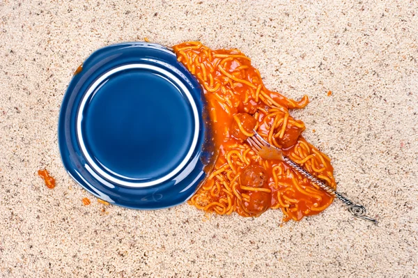 Teller mit Spaghetti auf Teppich fallen gelassen — Stockfoto