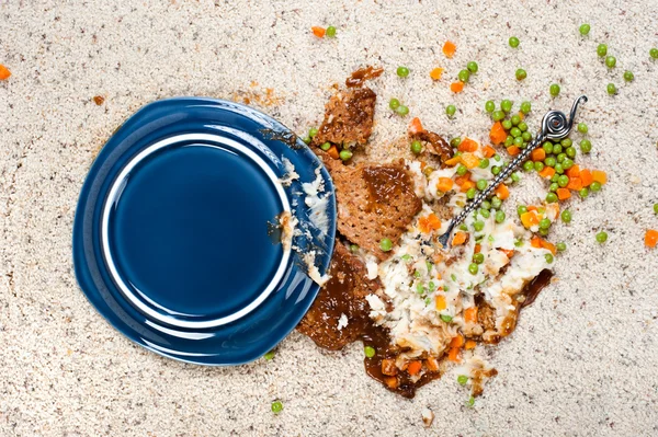 Verschütteter Teller mit Lebensmitteln auf Teppich — Stockfoto