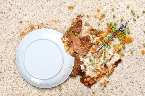 Rozlane talerz z jedzeniem na dywanie — Zdjęcie stockowe
