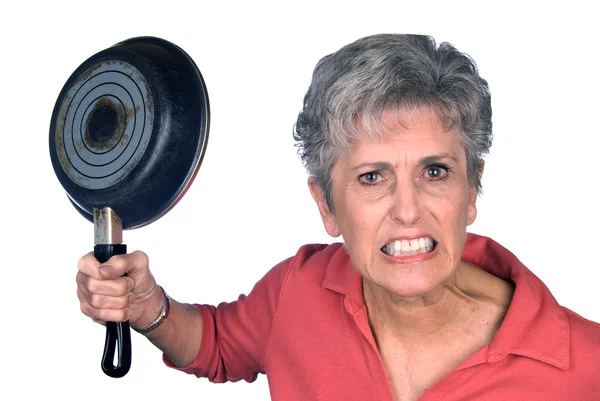 Angry mother and frying pan — Stock Photo, Image