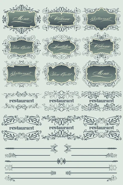 Blue vintage restaurant labels and dividers — Stock Vector