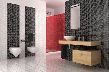 Modern bathroom with black, red and white tiles clipart