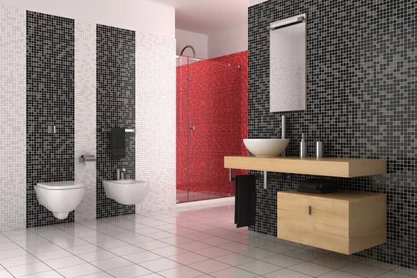 Banheiro moderno com azulejos preto, vermelho e branco — Fotografia de Stock